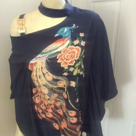 Nwot Peacock Blue Blouse Halter Batwing Sleeve Sz Large - Picture 5 of 5
